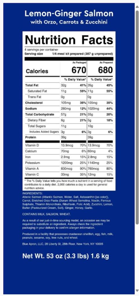 Nutrition label for Blue Apron lemon ginger salmon with orzo, carrots, and zucchini
