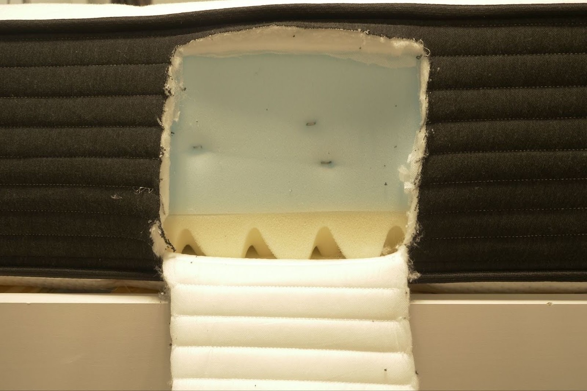 Opening in the side of the Plank Firm showing its foam interior composition